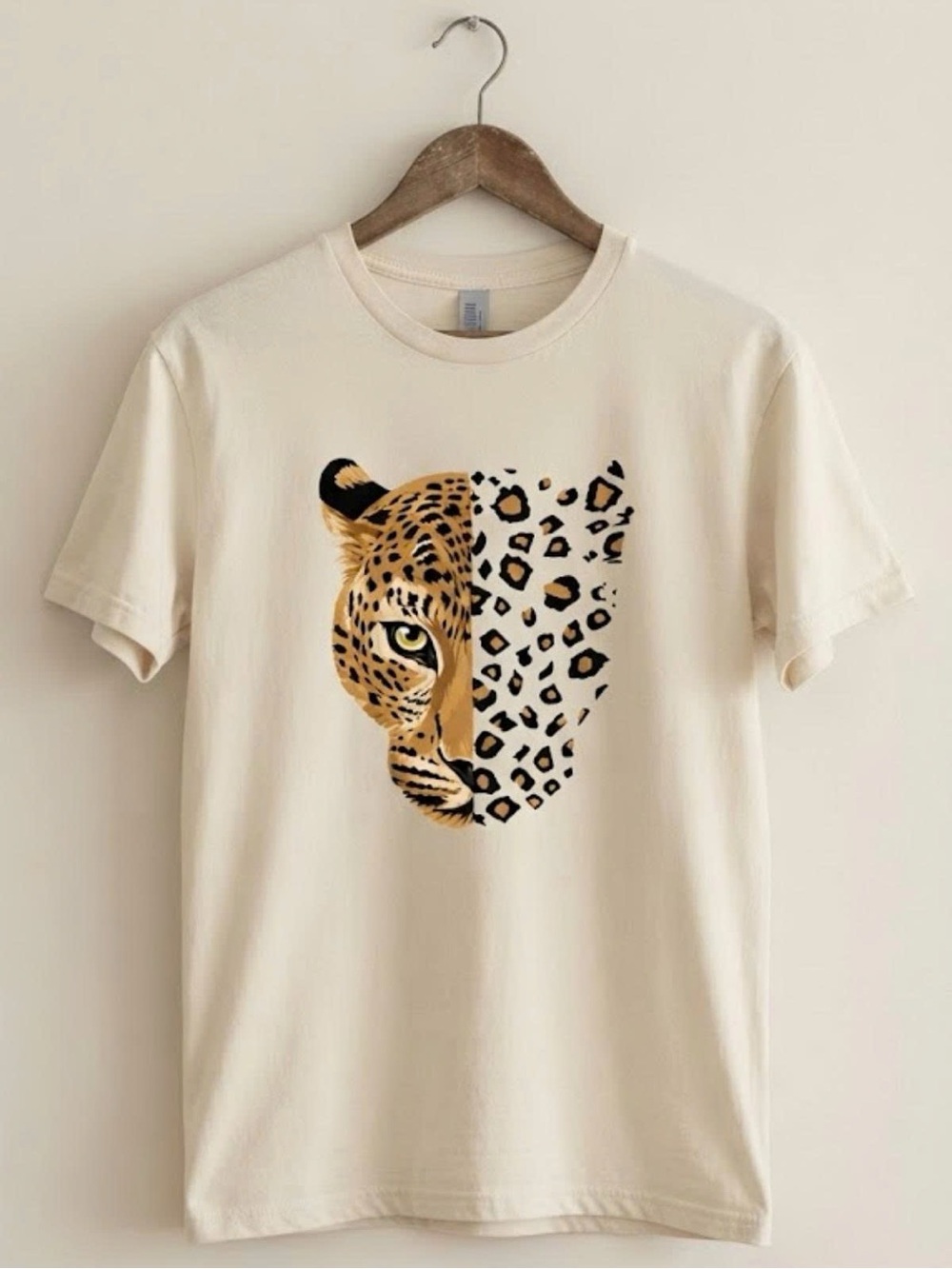 Gildan Cream Short Sleeve Tee with Leopard Face Graphic | Unisex Shirt